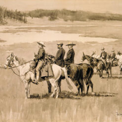 Hand-painted oil reproduction of Frederic Remington's Western illustration Burgess Finding a Ford on canvas