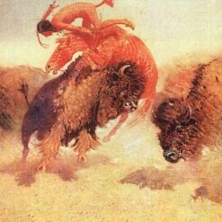 Hand-painted oil reproduction of Frederic Remington The Buffalo Runner 1907 depicting a Native American hunter alongside a bison at full gallop