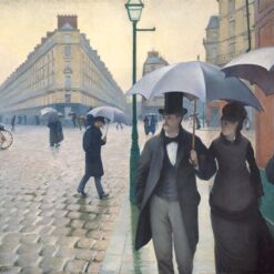Hand-painted oil painting reproduction of Gustave Caillebotte Paris Street Rainy Day showing figures with umbrellas on wet Paris cobblestone street