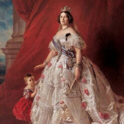 Hand-painted oil painting reproduction of Franz Xaver Winterhalter's 1852 portrait of Queen Isabella II of Spain cradling her infant daughter Infanta Isabel in Neo-Rococo style.