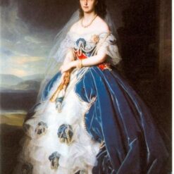 Hand-painted oil painting reproduction of Franz Xaver Winterhalter's 1865 state portrait of Queen Olga of Württemberg in a white gown and ermine mantle.