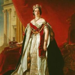 Hand-painted oil painting reproduction of Franz Xaver Winterhalter's 1843 portrait of Queen Victoria of the United Kingdom, executed in the Academic Neoclassical style.
