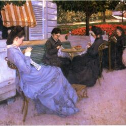 Hand-painted oil painting reproduction of Gustave Caillebotte Portraits in the Countryside showing women doing needlework in a sunlit garden