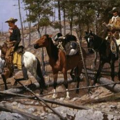 Hand-painted oil reproduction of Frederic Remington Prospecting For Cattle Range depicting cowboys scouting open grazing land on horseback