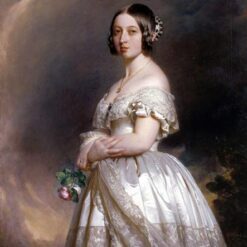 Hand-painted oil painting reproduction of Franz Xaver Winterhalter's 1842 portrait of young Queen Victoria in a white dress.