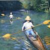 Gustave Caillebotte: Skiffs on the Yerres (1877) Impressionist Masterpiece – Hand-Painted Oil Reproduction by Dafen Village Studio 1 Hand-painted oil painting reproduction of Gustave Caillebotte Skiffs on the Yerres showing rowers in skiffs on a sunlit green river
