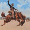 Frederic Remington / The Bronco Buster (1895) Western Art – Hand-Painted Oil Reproduction by Dafen Village Studio 1 Hand-painted oil reproduction of Frederic Remington The Bronco Buster depicting a cowboy riding a bucking wild horse