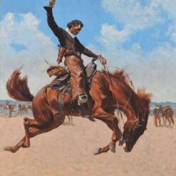 Hand-painted oil reproduction of Frederic Remington The Bronco Buster depicting a cowboy riding a bucking wild horse