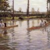 Gustave Caillebotte: The Canoe (1877) Impressionist Masterpiece – Hand-Painted Oil Reproduction by Dafen Village Studio 1 Hand-painted oil painting reproduction of Gustave Caillebotte The Canoe showing a lone rower in a canoe on a sunlit river surrounded by green trees