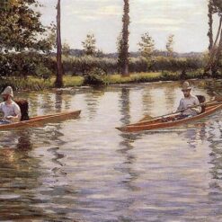 Hand-painted oil painting reproduction of Gustave Caillebotte The Canoe showing a lone rower in a canoe on a sunlit river surrounded by green trees