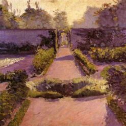 Hand-painted oil painting reproduction of Gustave Caillebotte The Kitchen Garden Yerres showing glass cloches and sunlit vegetable beds