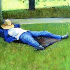 Hand-painted oil painting reproduction of Gustave Caillebotte The Nap showing a figure resting peacefully in the shade of a sunlit garden