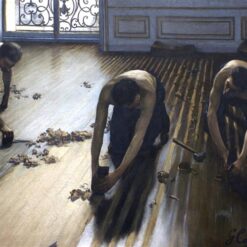 Hand-painted oil painting reproduction of Gustave Caillebotte The Floor Scrapers showing woodworkers refinishing parquet floor in light-filled Paris apartment