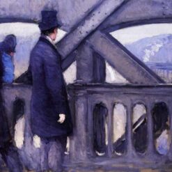 Hand-painted oil painting reproduction of Gustave Caillebotte Le Pont de l'Europe Study showing iron bridge structure and figures in Paris