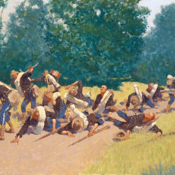 Hand-painted oil reproduction of Frederic Remington's military battle painting Scream of Shrapnel at San Juan Hill Cuba on landscape canvas