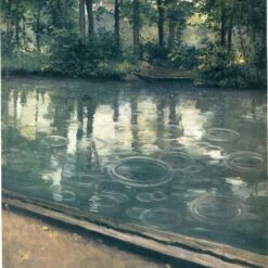 Hand-painted oil painting reproduction of Gustave Caillebotte The Yerres Rain showing rain ripples spreading on a river surface surrounded by green trees