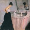 Gustave Caillebotte: Woman at a Dressing Table (c.1873) Impressionist Masterpiece – Hand-Painted Oil Reproduction by Dafen Village Studio 2 Hand-painted oil painting reproduction of Gustave Caillebotte Woman at a Dressing Table showing a seated woman before a vanity mirror