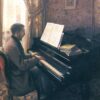 Gustave Caillebotte: Young Man Playing the Piano (1876) Impressionist Masterpiece – Hand-Painted Oil Reproduction by Dafen Village Studio 1 Hand-painted oil painting reproduction of Gustave Caillebotte Young Man Playing the Piano showing a man seated at a grand piano in an elegant Paris salon