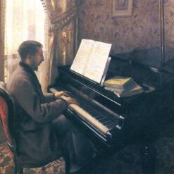 Hand-painted oil painting reproduction of Gustave Caillebotte Young Man Playing the Piano showing a man seated at a grand piano in an elegant Paris salon