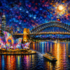 Hand-painted oil painting of Sydney Harbour at night featuring the colorful illuminated Opera House, Harbour Bridge, and ferry boat