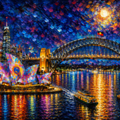 Hand-painted oil painting of Sydney Harbour at night featuring the colorful illuminated Opera House, Harbour Bridge, and ferry boat