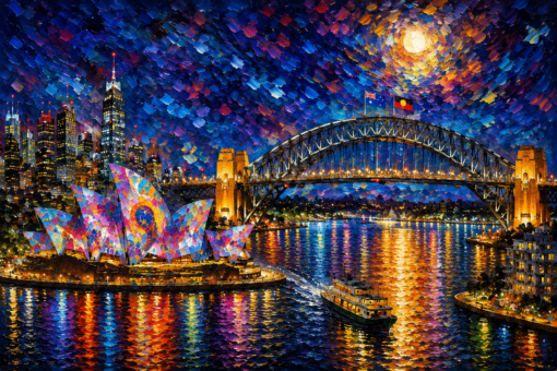 Sydney Harbour Night Hand-Painted Oil Painting | Colorful Opera House Canvas Art