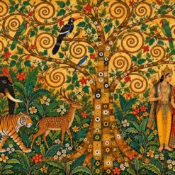 Indian Epic Ramayana & Tree of Life Luxury Oil Painting – Hand-Painted Klimt Style Golden Swirl Canvas Art with Rama, Sita, Royal Elephant & Tiger