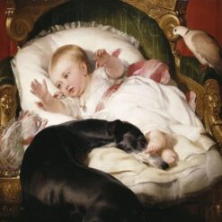 Hand-painted oil reproduction of Edwin Henry Landseer's 1841 painting Victoria Princess Royal with Eos showing an infant princess with a greyhound.