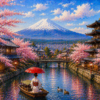 Mount Fuji Cherry Blossom Hand-Painted Oil Painting | Textured Canvas Art 1 Hand-painted oil painting of Mount Fuji with blooming cherry blossoms, traditional Japanese pagoda, and woman with red umbrella in a boat