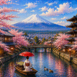 Hand-painted oil painting of Mount Fuji with blooming cherry blossoms, traditional Japanese pagoda, and woman with red umbrella in a boat