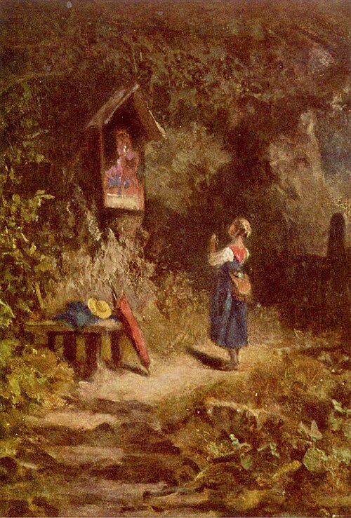 Carl Spitzweg: Praying Peasant Girl in the Woods (c.1855) Biedermeier Genre Art – Hand-Painted Oil Reproduction by Dafen Village Studio