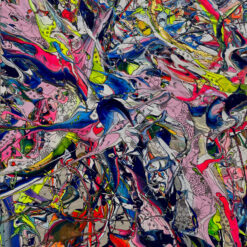 Modern colorful abstract oil painting with dynamic neon drips and botanical floral line art on canvas