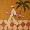 Hand-Painted Textured Surfer Woman & Palm Tree Oil Painting – Modern Coastal Resort Style Canvas Art 1 Hand-painted textured oil painting of an elegant woman with surfboard and palm tree on terra cotta checkered floor