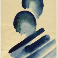 Hand-painted oil reproduction of Georgia O'Keeffe Blue No. 1 showing organic abstract blue watercolor waves on an off-white background.