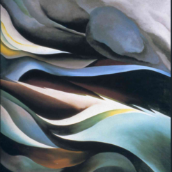 Georgia O'Keeffe's 1924 abstract oil painting From the Lake, featuring smooth, sweeping wave-like curves in gradients of dark navy, turquoise, soft gray, and white.