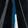 City Night by Georgia O'Keeffe – Hand-Painted Oil Reproduction 1 Georgia O'Keeffe's 1926 Precisionist oil painting City Night, showing dark, towering skyscrapers looking up from a low angle toward a white moon in a night sky.