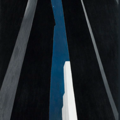 Georgia O'Keeffe's 1926 Precisionist oil painting City Night, showing dark, towering skyscrapers looking up from a low angle toward a white moon in a night sky.