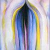 Grey Line with Black, Blue and Yellow by Georgia O'Keeffe – Hand-Painted Oil Reproduction 1 Georgia O'Keeffe's 1923 abstract oil painting Grey Line with Black, Blue and Yellow, featuring soft, flowing veil-like folds of gray, pale blue, and yellow radiating from a thin central vertical line.