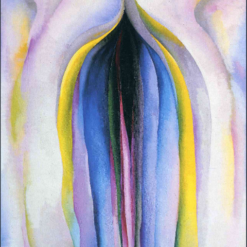 Georgia O'Keeffe's 1923 abstract oil painting Grey Line with Black, Blue and Yellow, featuring soft, flowing veil-like folds of gray, pale blue, and yellow radiating from a thin central vertical line.
