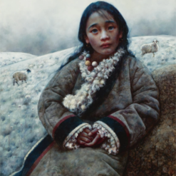 Hand-painted oil reproduction of Ai Xuan's Tibetan Girl showing a young girl in traditional fur-trimmed attire against a vast winter landscape background.