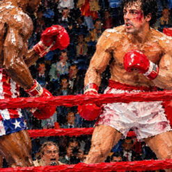 Peinture à l'huile « Rocky Balboa contre Apollo Creed » – Œuvre d'art originale sur toile représentant un combat de boxe, réalisée à l'empâtement épais au couteau à palette