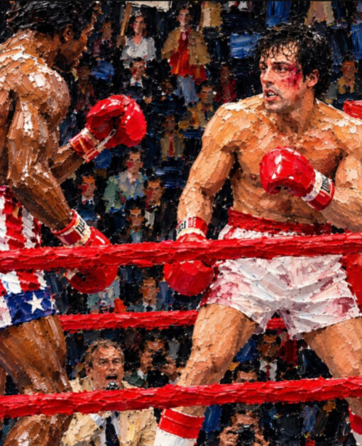 Rocky Balboa vs. Apollo Creed Oil Painting – Original Heavy Impasto Palette Knife Boxing Art on Canvas