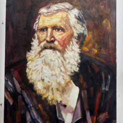 Hand-painted impasto oil painting portrait of an elderly bearded man with thick white beard on linen canvas