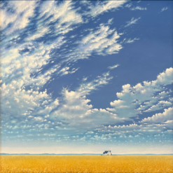 Hand-painted oil painting of a golden wheat field with a distant white farmhouse under a dramatic blue sky with fluffy white clouds