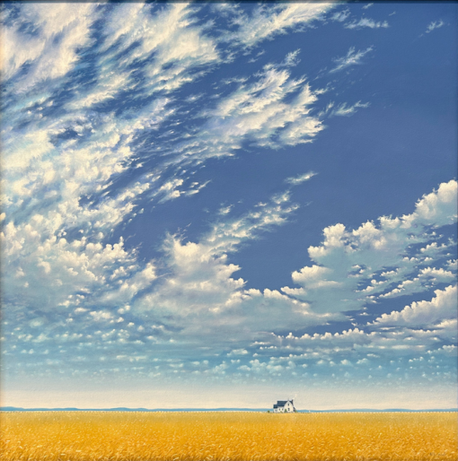 Golden Wheat Field Under Blue Sky Oil Painting – Prairie Horizon Farmhouse Landscape on Canvas