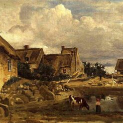 Hand-painted oil painting reproduction of A Farmyard near Fontainebleau c.1828-1830 by Camille Corot