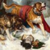 Edwin Henry Landseer - Alpine Mastiffs Reanimating a Distressed Traveler (1820) Romanticism Art – Hand-Painted Oil Reproduction by Dafen Village Studio 2 Hand-painted oil reproduction of Edwin Henry Landseer's 1820 painting Alpine Mastiffs Reanimating a Distressed Traveler showing two St Bernard rescue dogs in the snow.