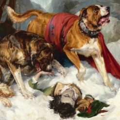 Hand-painted oil reproduction of Edwin Henry Landseer's 1820 painting Alpine Mastiffs Reanimating a Distressed Traveler showing two St Bernard rescue dogs in the snow.