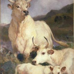 Hand-painted oil reproduction of Edwin Henry Landseer's 1867 painting The Wild Cattle of Chillingham featuring a wild white bull standing in a rugged landscape.