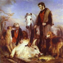 Hand-painted oil reproduction of Edwin Henry Landseer's 1836 painting Death of the Wild Bull depicting a dramatic Chillingham bull hunt with hounds and horses.
